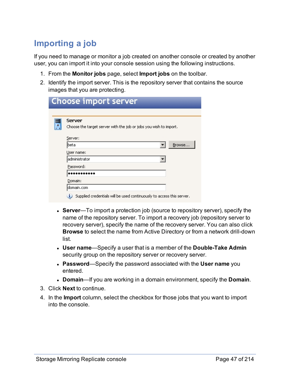 Importing a job | HP Storage Mirroring Software User Manual | Page 48 / 215