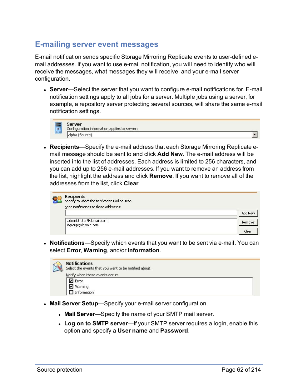 E-mailing server event messages | HP Storage Mirroring Software User Manual | Page 63 / 215