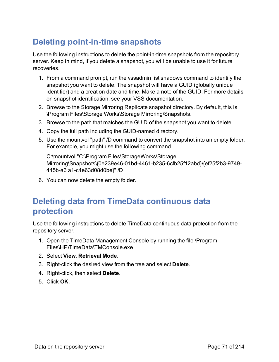 Deleting point-in-time snapshots | HP Storage Mirroring Software User Manual | Page 72 / 215