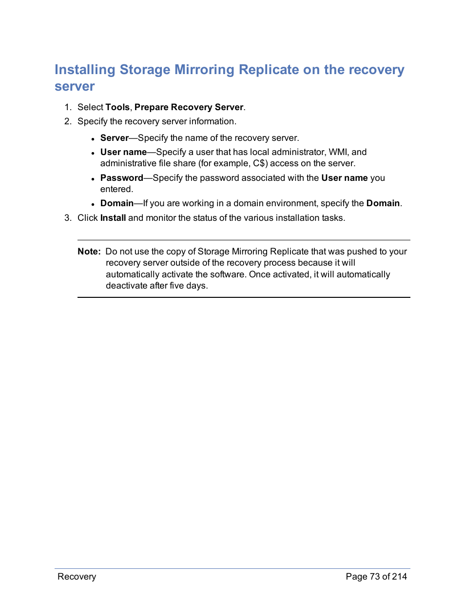 Installing on the recovery server | HP Storage Mirroring Software User Manual | Page 74 / 215