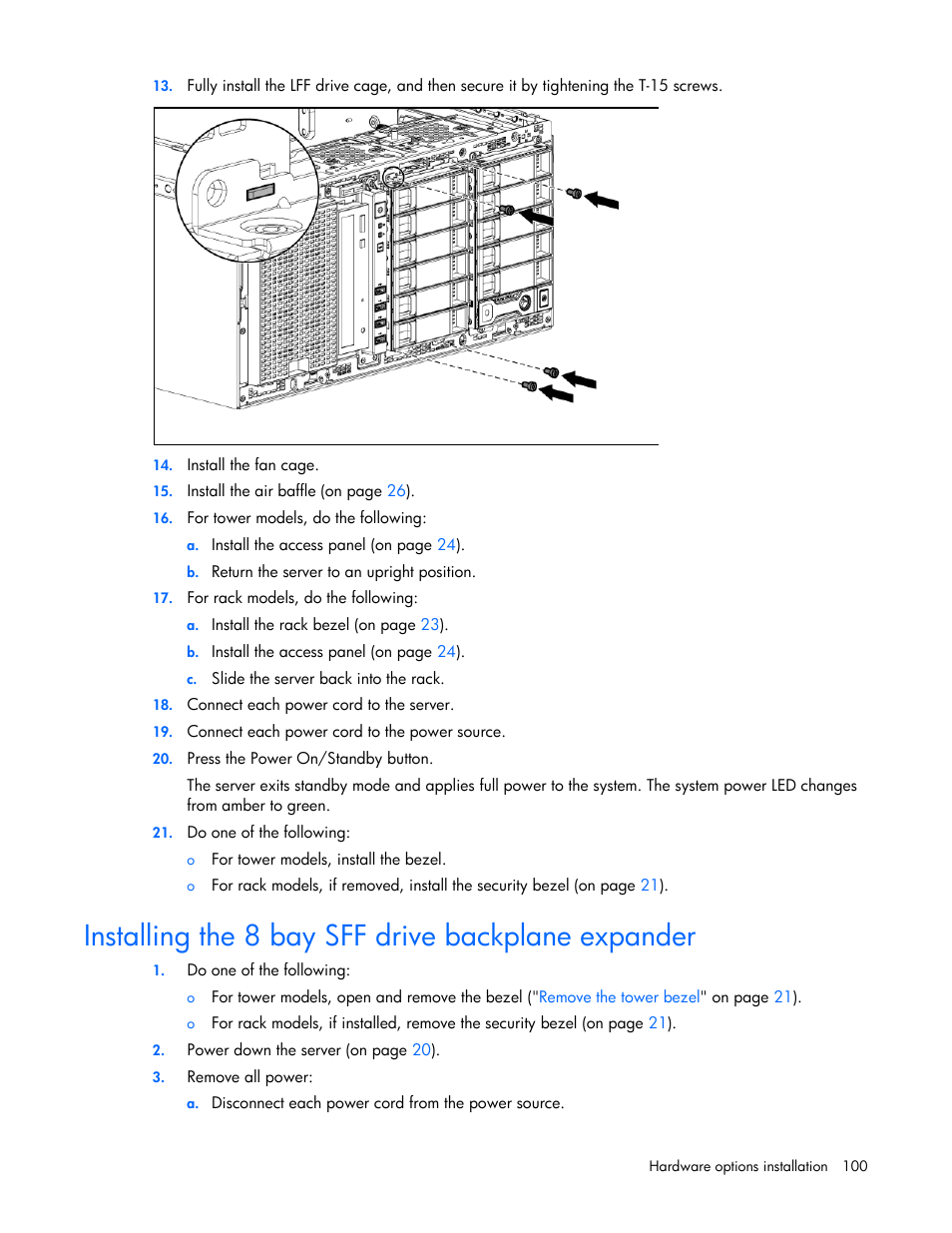 Installing the 8 bay sff drive backplane expander | HP ProLiant ML350p Gen8 Server User Manual | Page 100 / 145