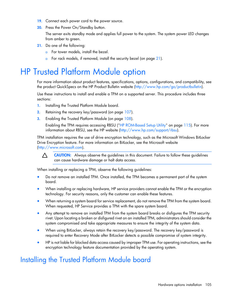 Hp trusted platform module option, Installing the trusted platform module board | HP ProLiant ML350p Gen8 Server User Manual | Page 105 / 145