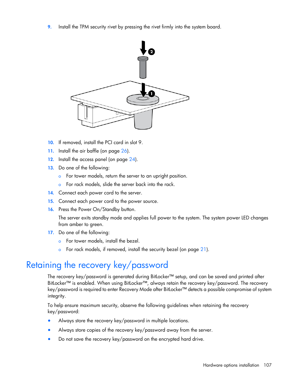 Retaining the recovery key/password | HP ProLiant ML350p Gen8 Server User Manual | Page 107 / 145