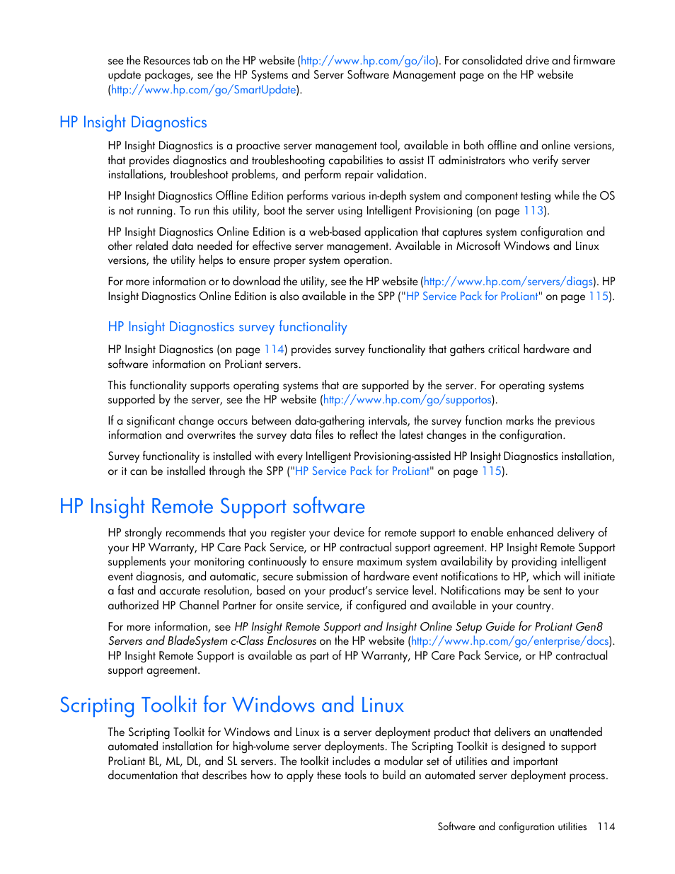 Hp insight diagnostics, Hp insight diagnostics survey functionality, Hp insight remote support software | Scripting toolkit for windows and linux | HP ProLiant ML350p Gen8 Server User Manual | Page 114 / 145