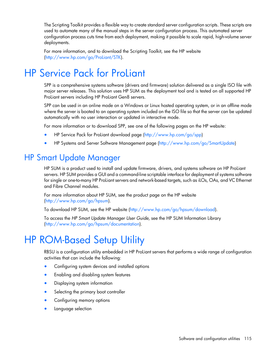 Hp service pack for proliant, Hp smart update manager, Hp rom-based setup utility | Hp rom-based setup, Utility | HP ProLiant ML350p Gen8 Server User Manual | Page 115 / 145