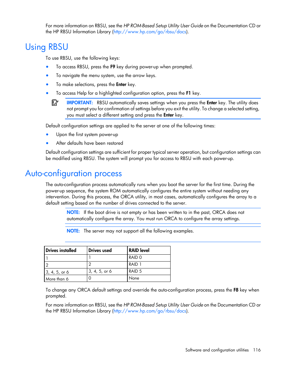 Using rbsu, Auto-configuration process | HP ProLiant ML350p Gen8 Server User Manual | Page 116 / 145