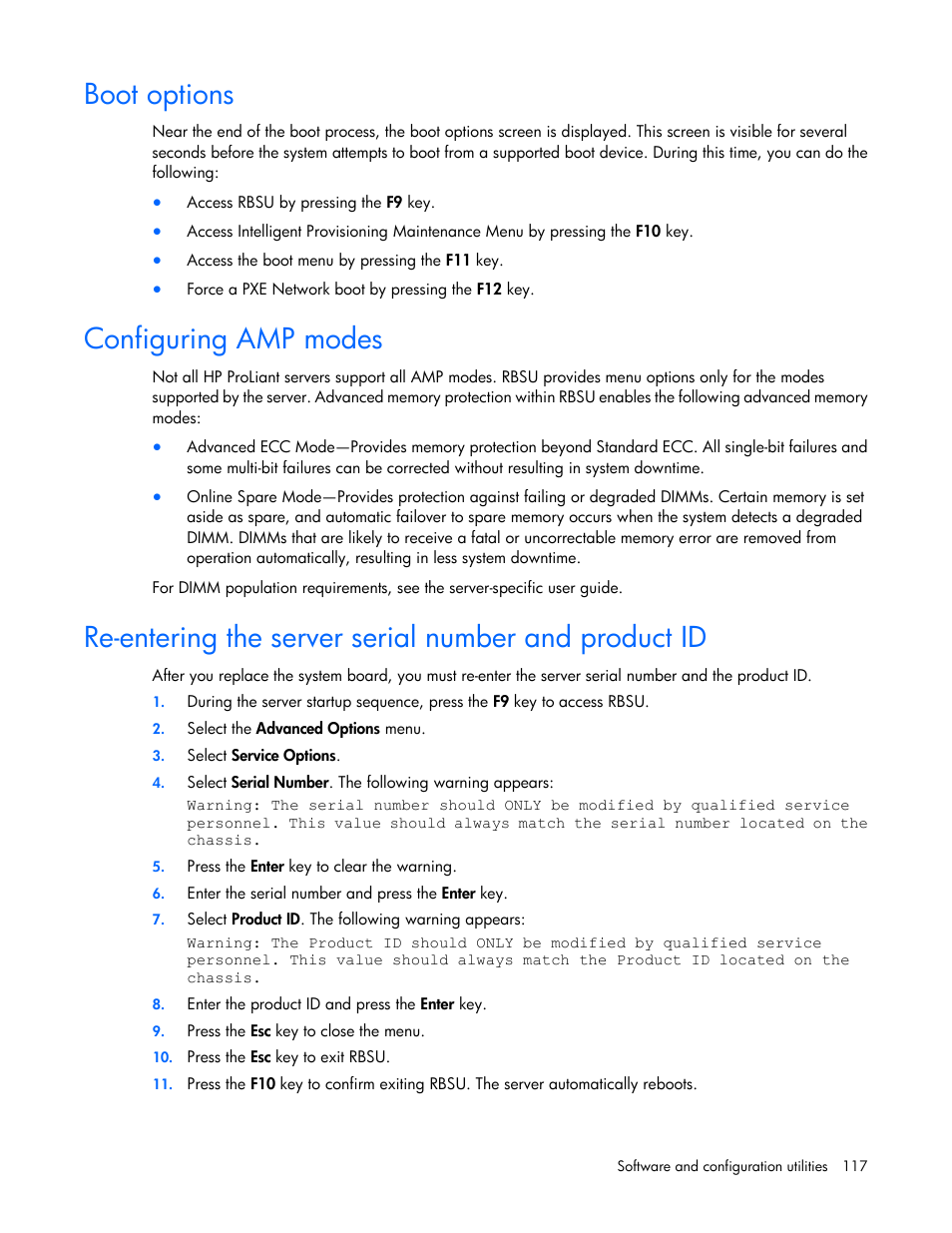 Boot options, Configuring amp modes | HP ProLiant ML350p Gen8 Server User Manual | Page 117 / 145