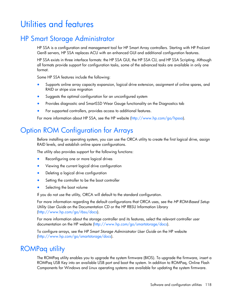 Utilities and features, Hp smart storage administrator, Option rom configuration for arrays | Rompaq utility | HP ProLiant ML350p Gen8 Server User Manual | Page 118 / 145