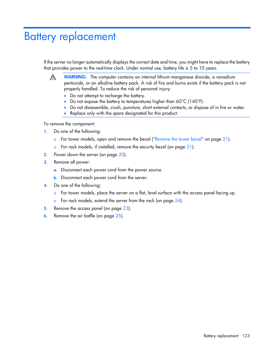 Battery replacement | HP ProLiant ML350p Gen8 Server User Manual | Page 123 / 145