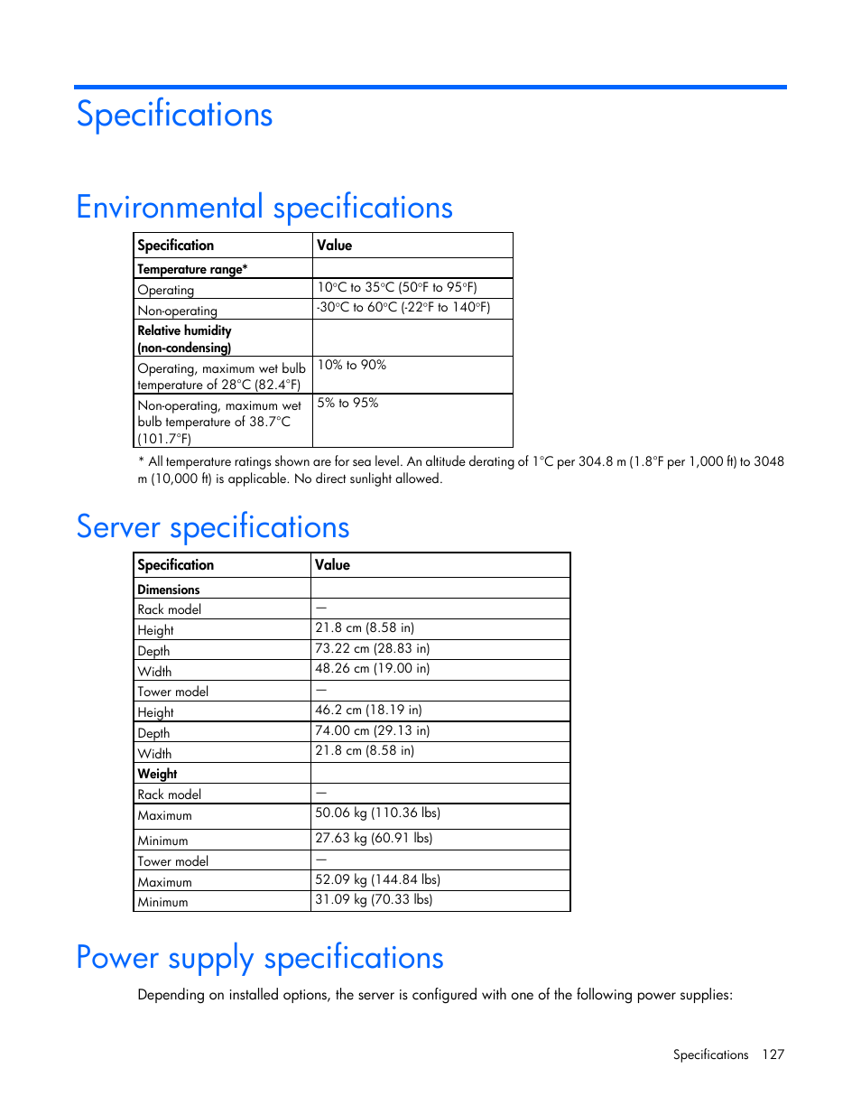 Specifications, Environmental specifications, Server specifications | Power supply specifications | HP ProLiant ML350p Gen8 Server User Manual | Page 127 / 145