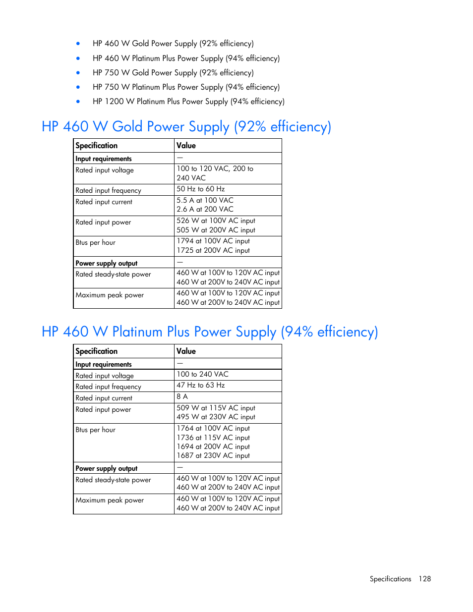 Hp 460 w gold power supply (92% efficiency) | HP ProLiant ML350p Gen8 Server User Manual | Page 128 / 145