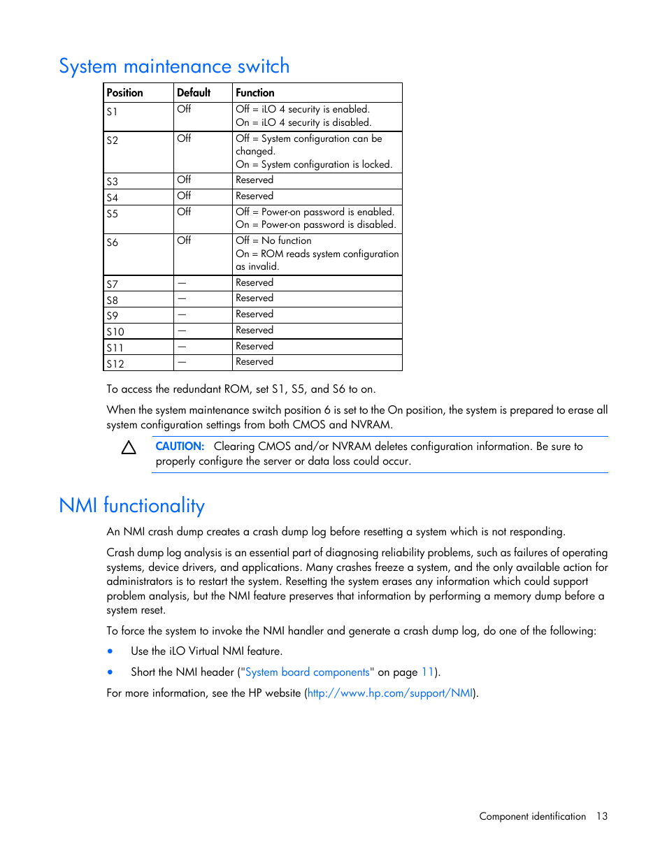 System maintenance switch, Nmi functionality | HP ProLiant ML350p Gen8 Server User Manual | Page 13 / 145