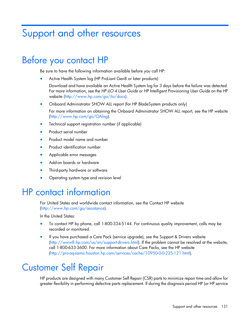 Support and other resources, Before you contact hp, Hp contact information | Customer self repair | HP ProLiant ML350p Gen8 Server User Manual | Page 131 / 145