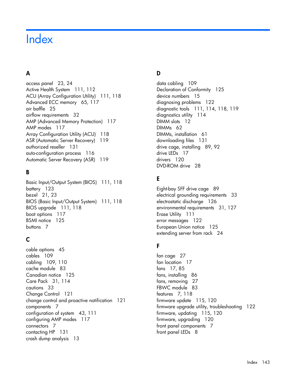 Index | HP ProLiant ML350p Gen8 Server User Manual | Page 143 / 145