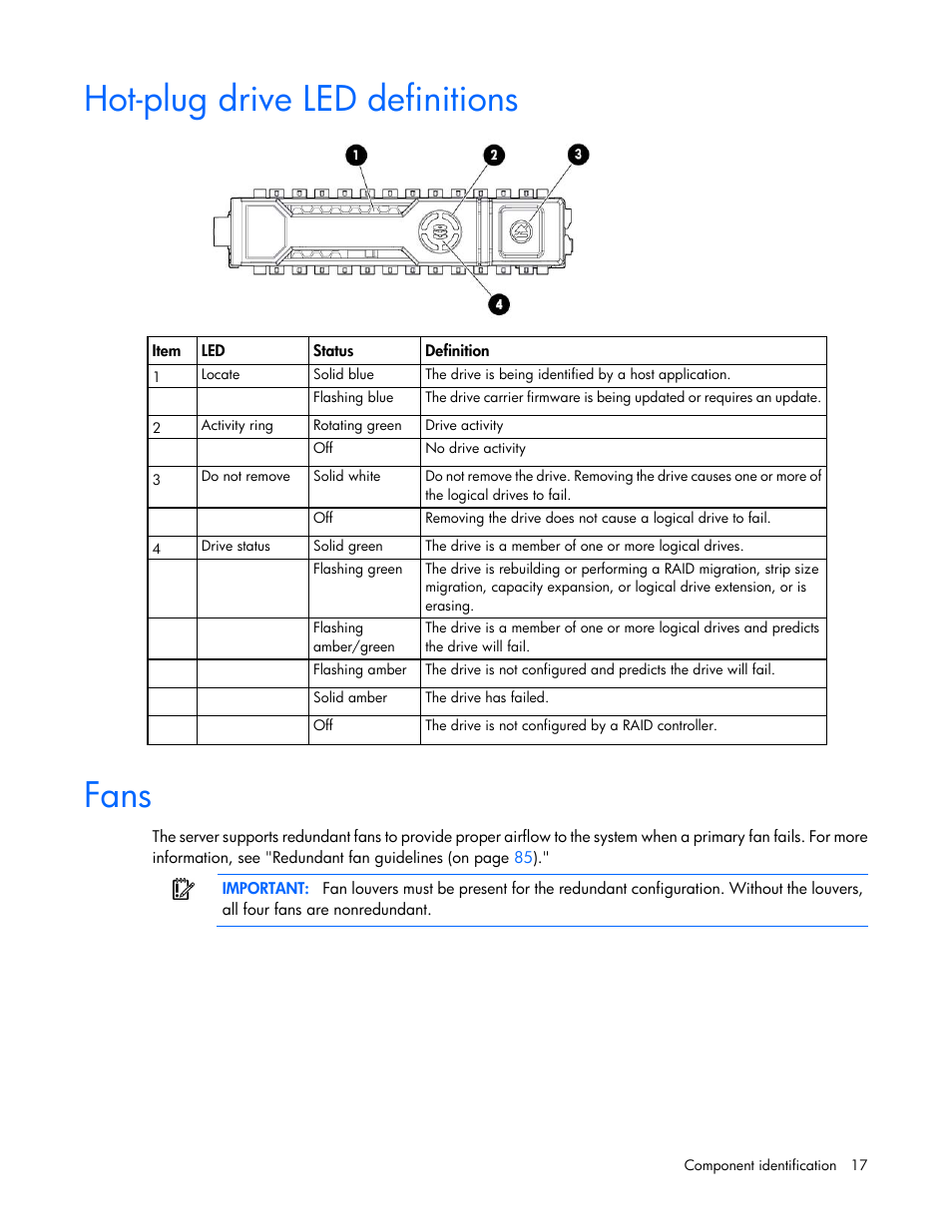 Hot-plug drive led definitions, Fans | HP ProLiant ML350p Gen8 Server User Manual | Page 17 / 145