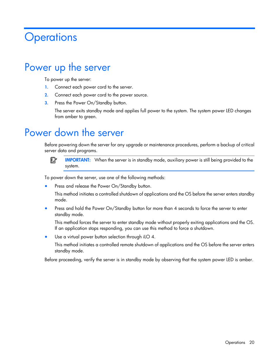 Operations, Power up the server, Power down the server | HP ProLiant ML350p Gen8 Server User Manual | Page 20 / 145