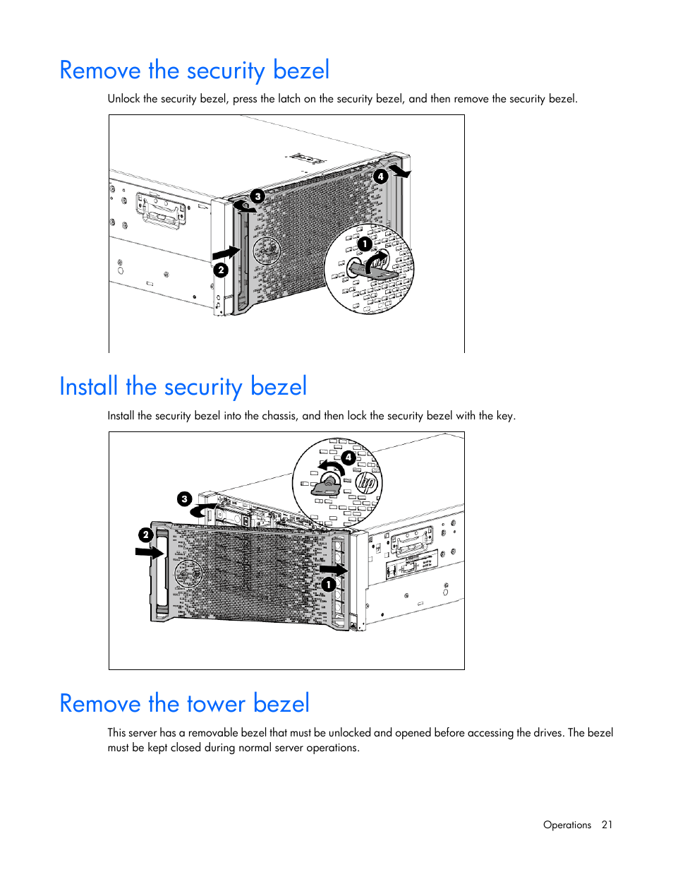 Remove the security bezel, Install the security bezel, Remove the tower bezel | HP ProLiant ML350p Gen8 Server User Manual | Page 21 / 145