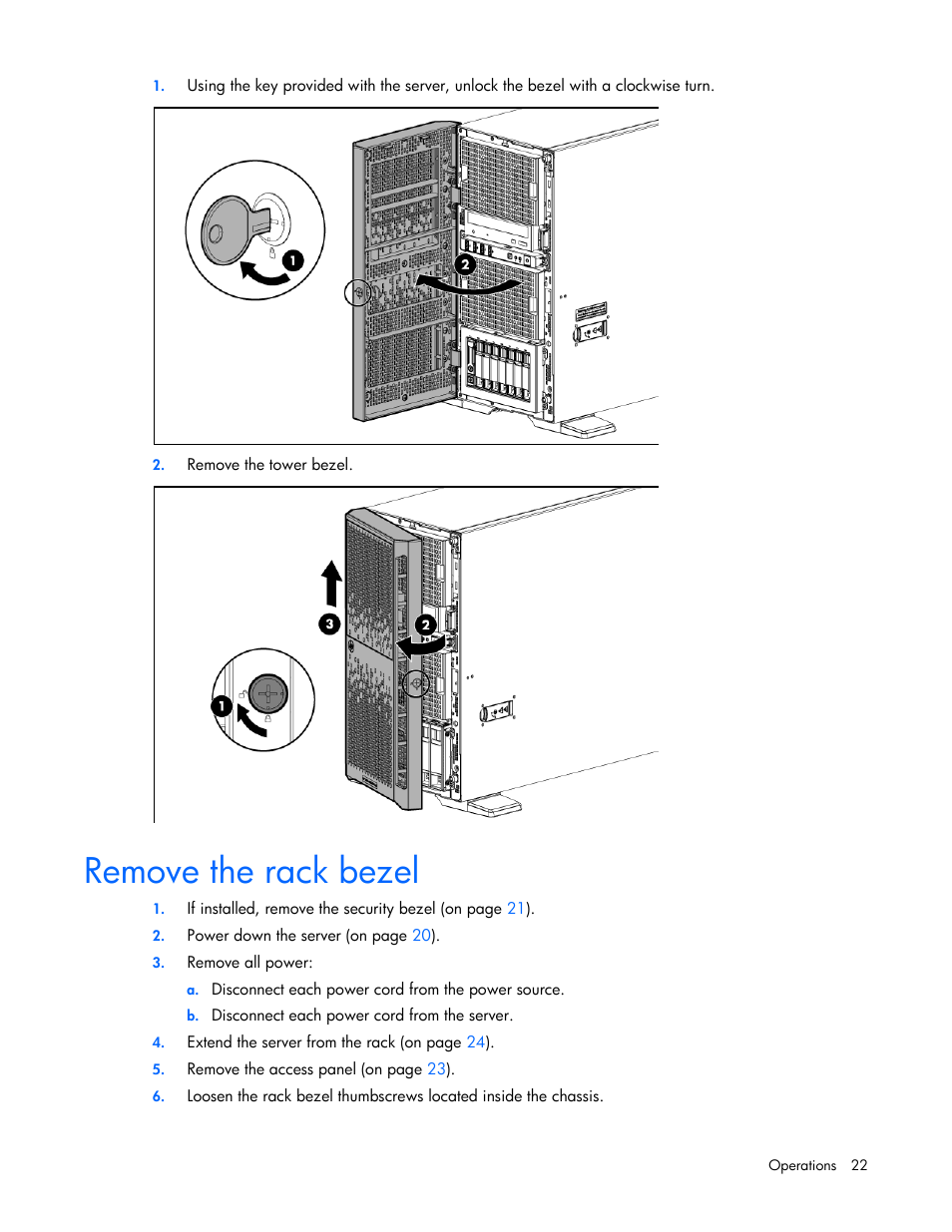 Remove the rack bezel | HP ProLiant ML350p Gen8 Server User Manual | Page 22 / 145