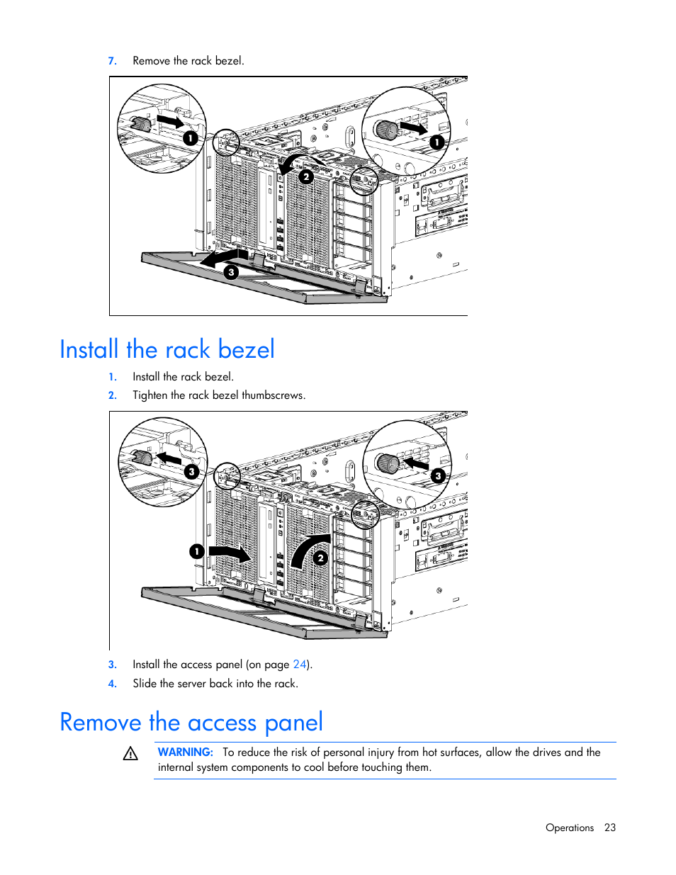 Install the rack bezel, Remove the access panel | HP ProLiant ML350p Gen8 Server User Manual | Page 23 / 145