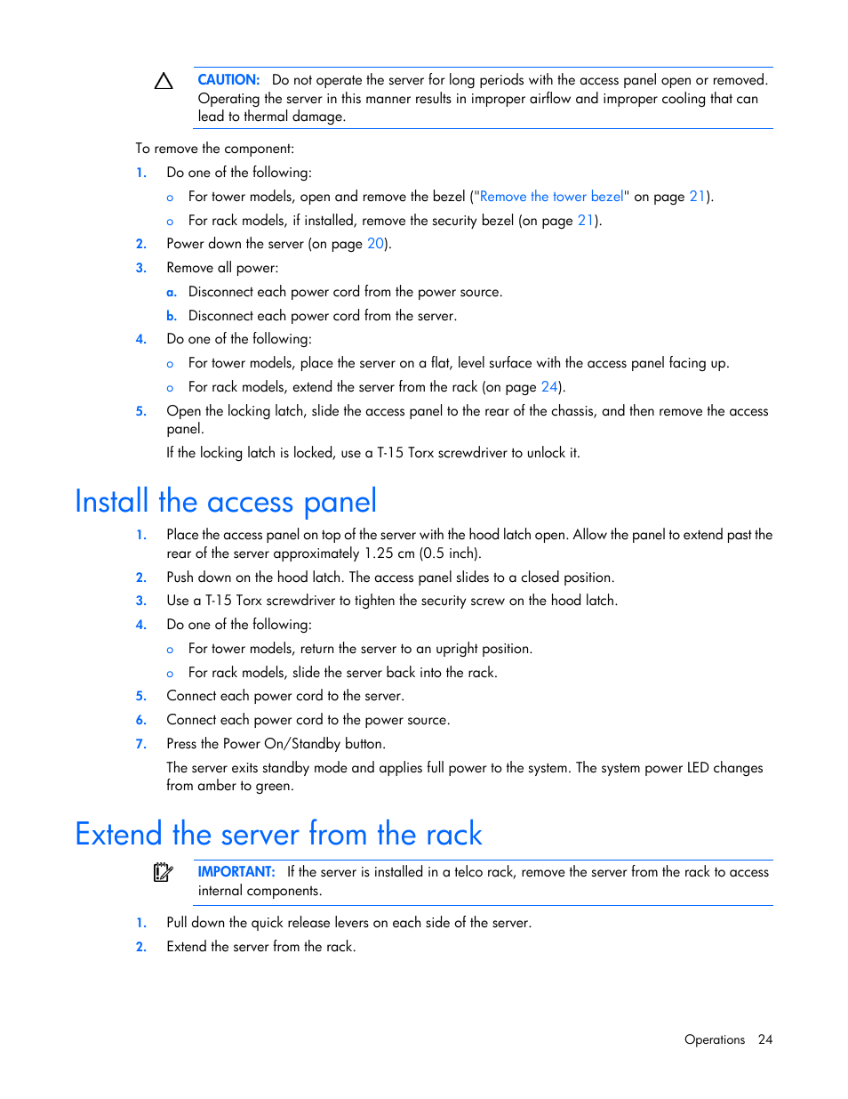 Install the access panel, Extend the server from the rack | HP ProLiant ML350p Gen8 Server User Manual | Page 24 / 145