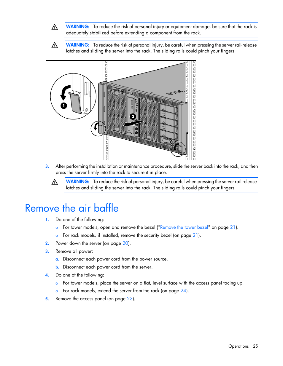 Remove the air baffle | HP ProLiant ML350p Gen8 Server User Manual | Page 25 / 145