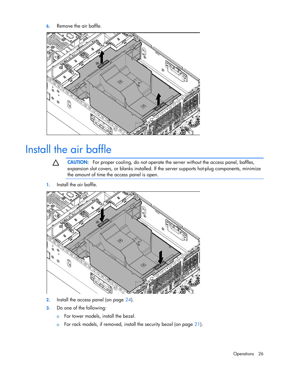 Install the air baffle | HP ProLiant ML350p Gen8 Server User Manual | Page 26 / 145