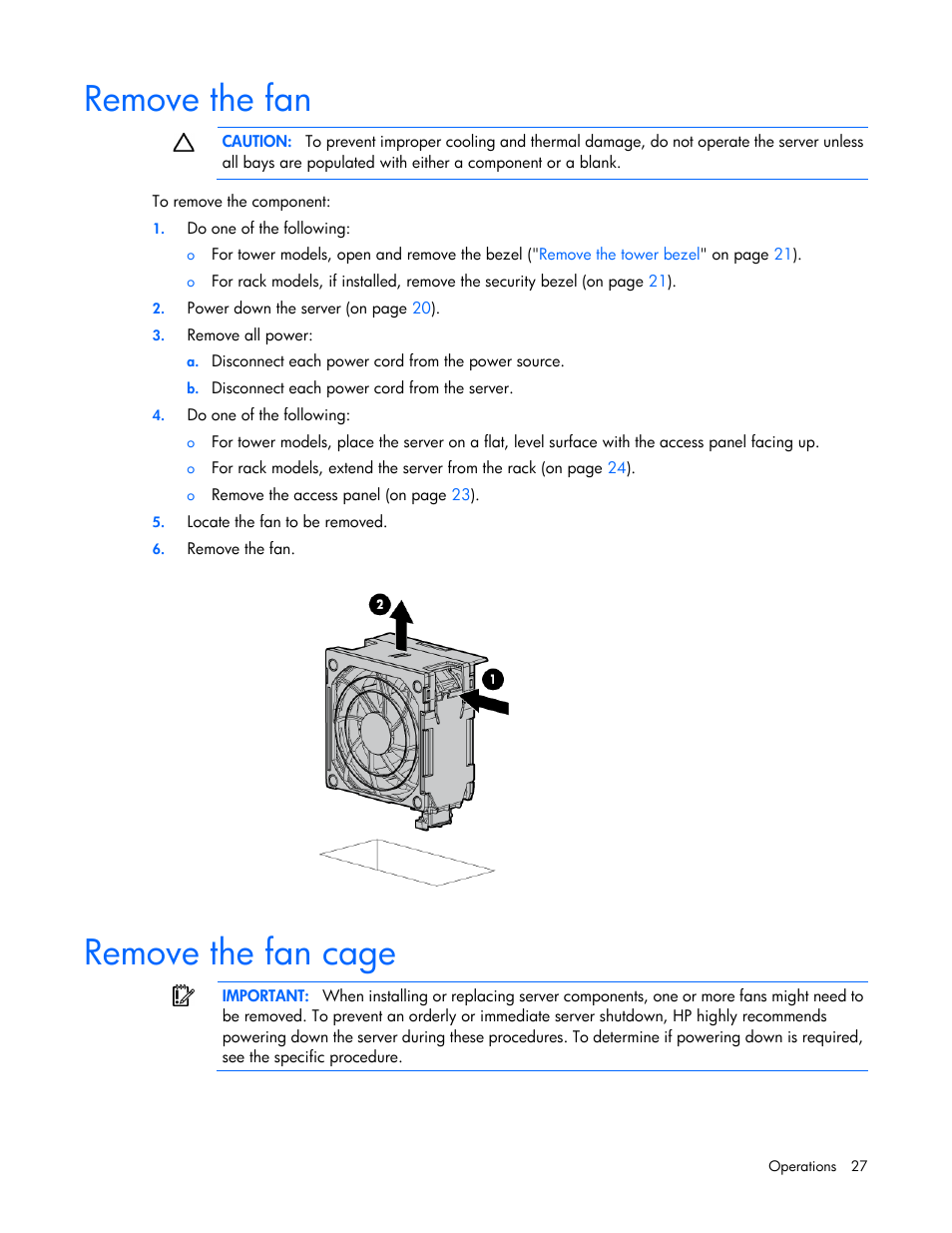 Remove the fan, Remove the fan cage | HP ProLiant ML350p Gen8 Server User Manual | Page 27 / 145