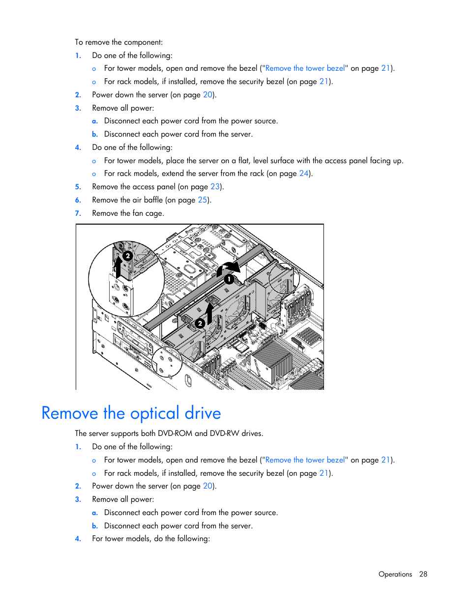 Remove the optical drive | HP ProLiant ML350p Gen8 Server User Manual | Page 28 / 145