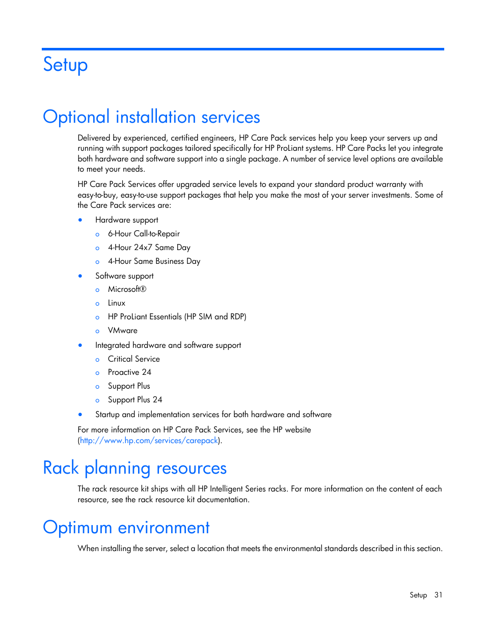 Setup, Optional installation services, Rack planning resources | Optimum environment | HP ProLiant ML350p Gen8 Server User Manual | Page 31 / 145