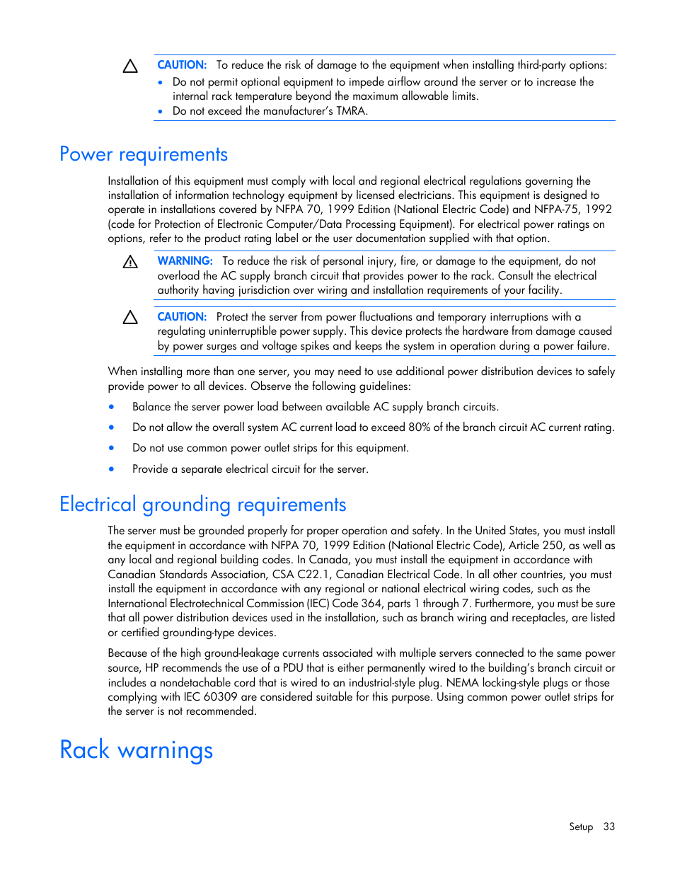 Power requirements, Electrical grounding requirements, Rack warnings | HP ProLiant ML350p Gen8 Server User Manual | Page 33 / 145