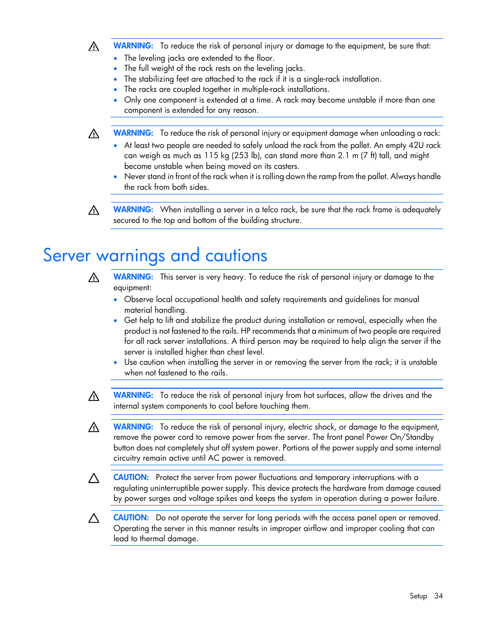 Server warnings and cautions | HP ProLiant ML350p Gen8 Server User Manual | Page 34 / 145