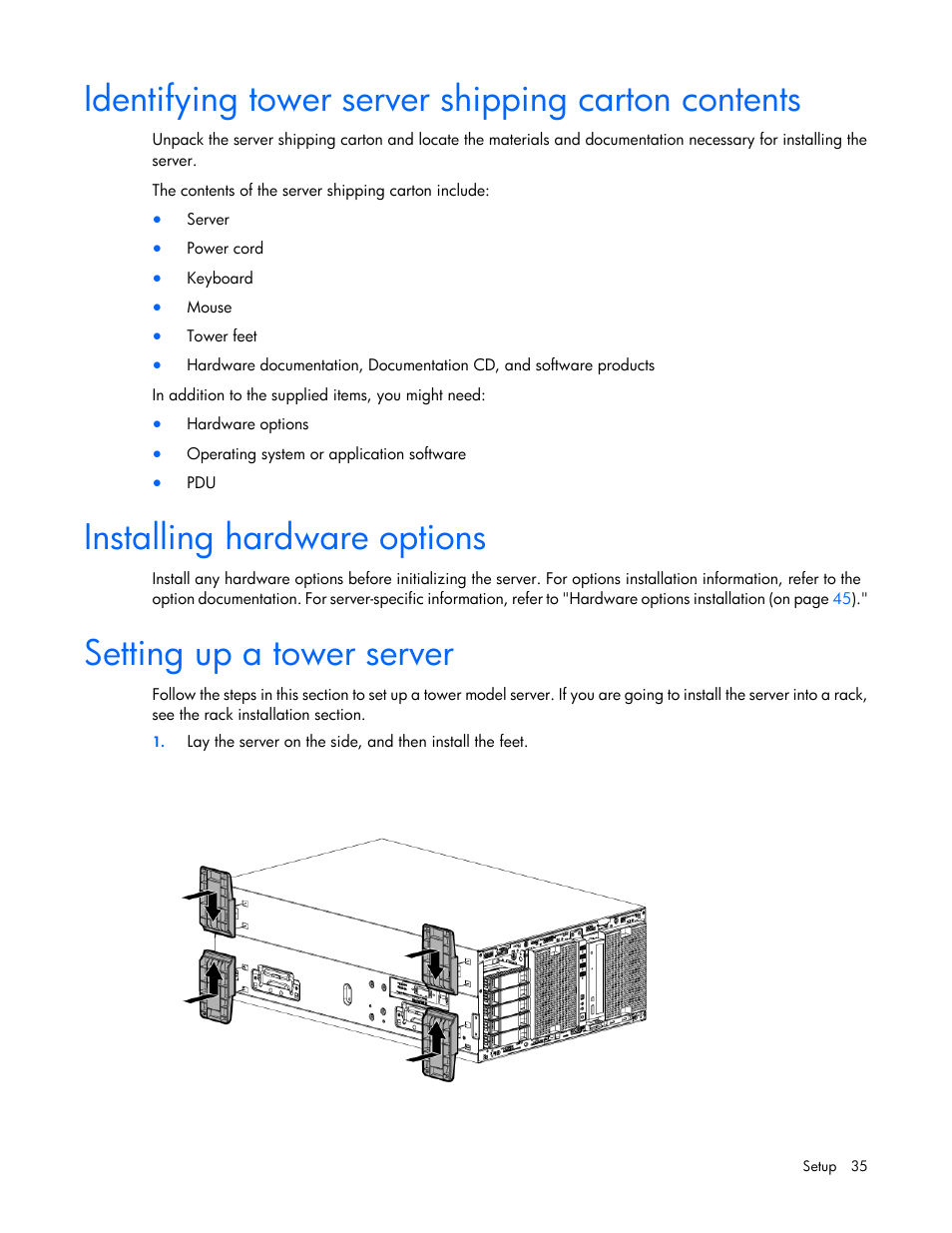 Identifying tower server shipping carton contents, Installing hardware options, Setting up a tower server | HP ProLiant ML350p Gen8 Server User Manual | Page 35 / 145