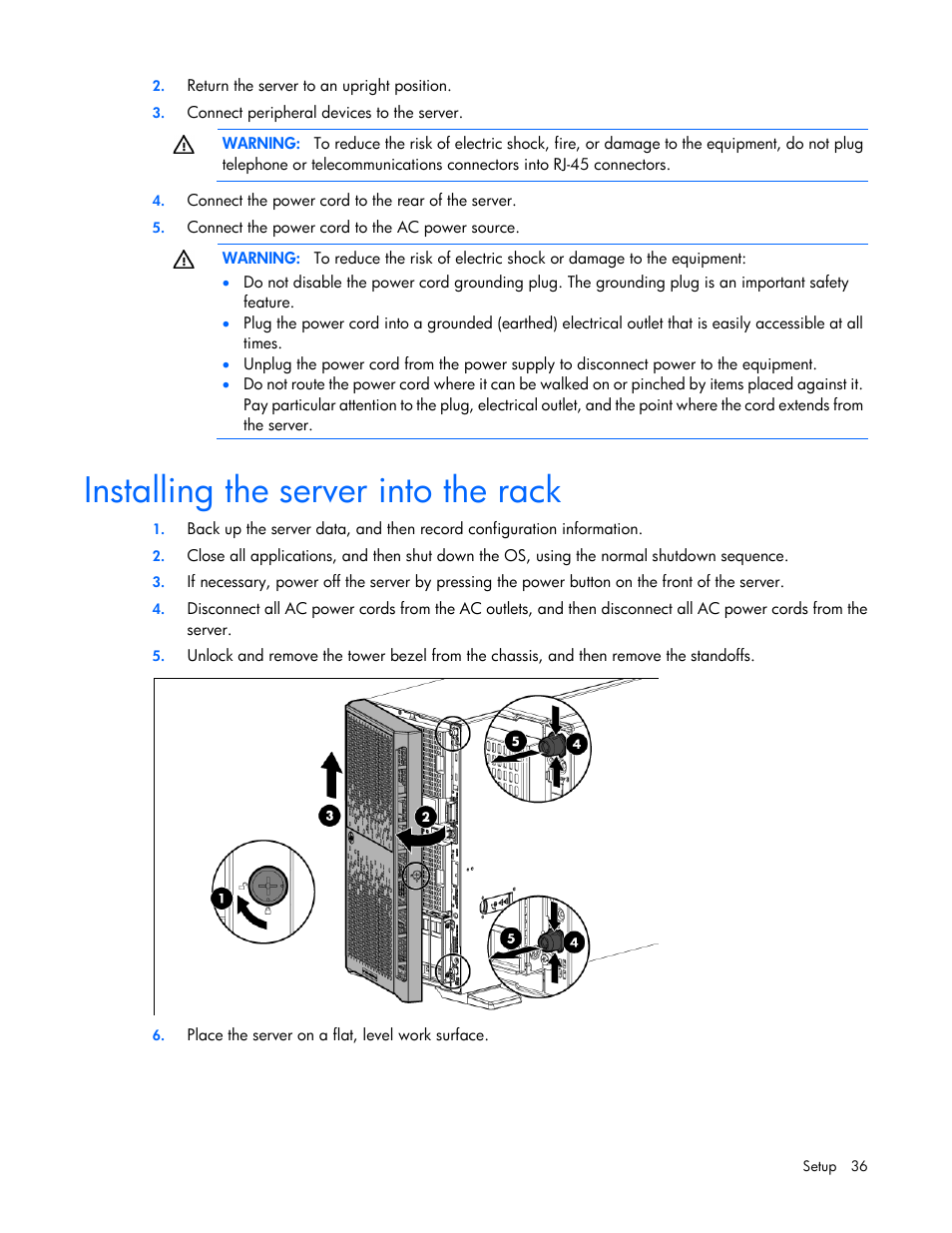 Installing the server into the rack | HP ProLiant ML350p Gen8 Server User Manual | Page 36 / 145