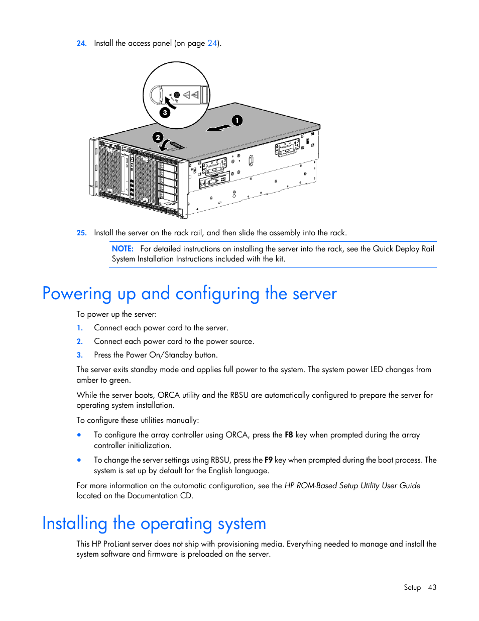 Powering up and configuring the server, Installing the operating system | HP ProLiant ML350p Gen8 Server User Manual | Page 43 / 145