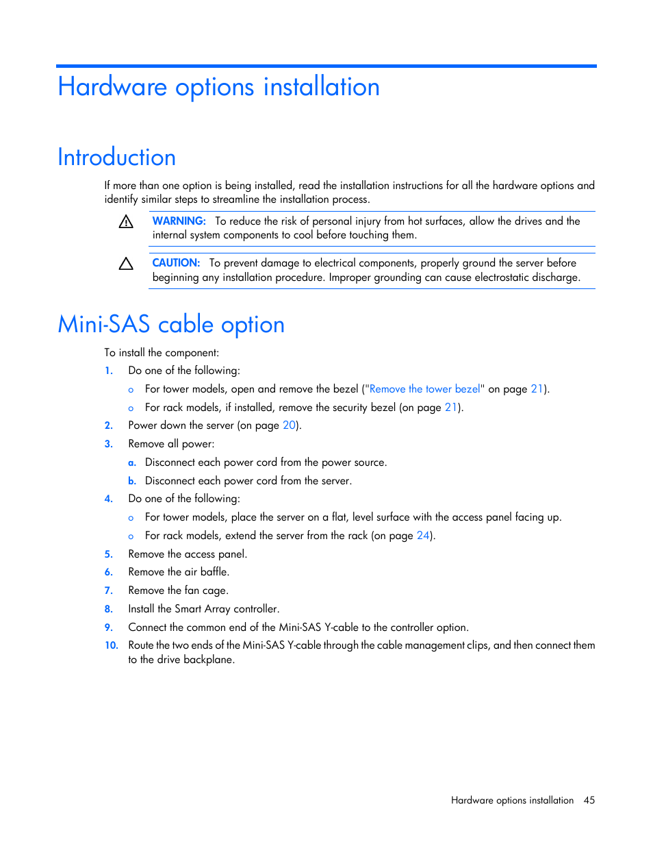 Hardware options installation, Introduction, Mini-sas cable option | HP ProLiant ML350p Gen8 Server User Manual | Page 45 / 145