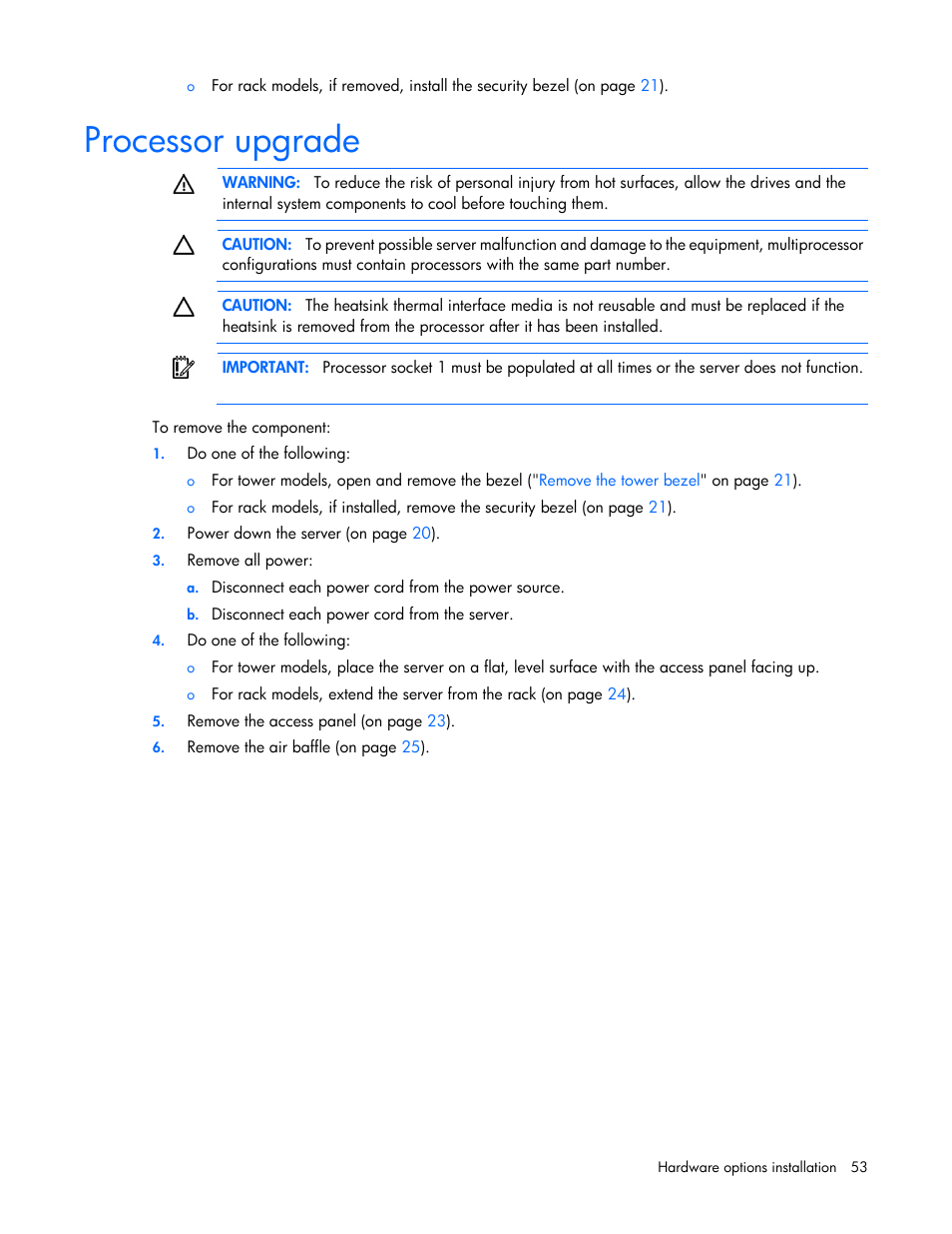 Processor upgrade | HP ProLiant ML350p Gen8 Server User Manual | Page 53 / 145