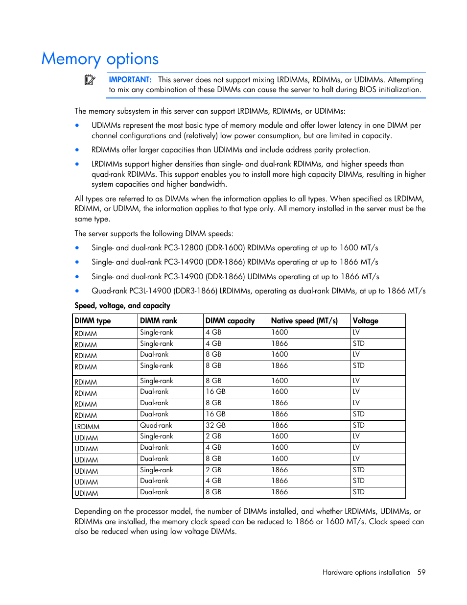 Memory options | HP ProLiant ML350p Gen8 Server User Manual | Page 59 / 145