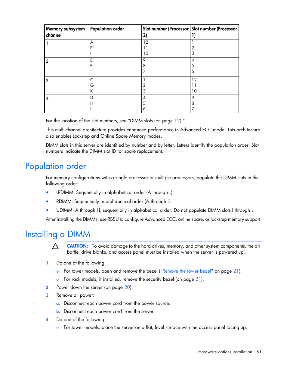 Population order, Installing a dimm | HP ProLiant ML350p Gen8 Server User Manual | Page 61 / 145