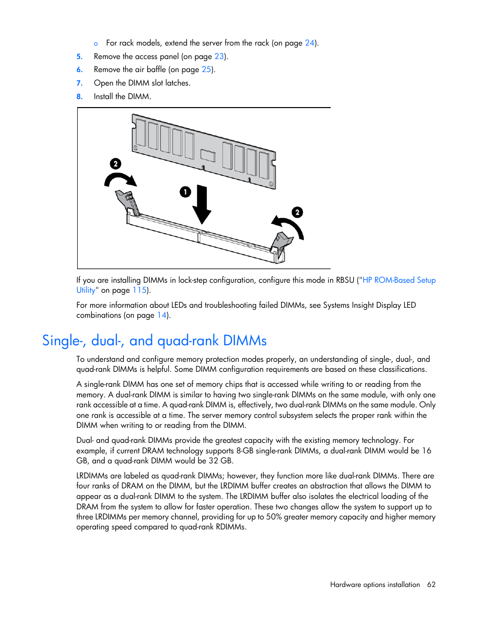 Single-, dual-, and quad-rank dimms | HP ProLiant ML350p Gen8 Server User Manual | Page 62 / 145