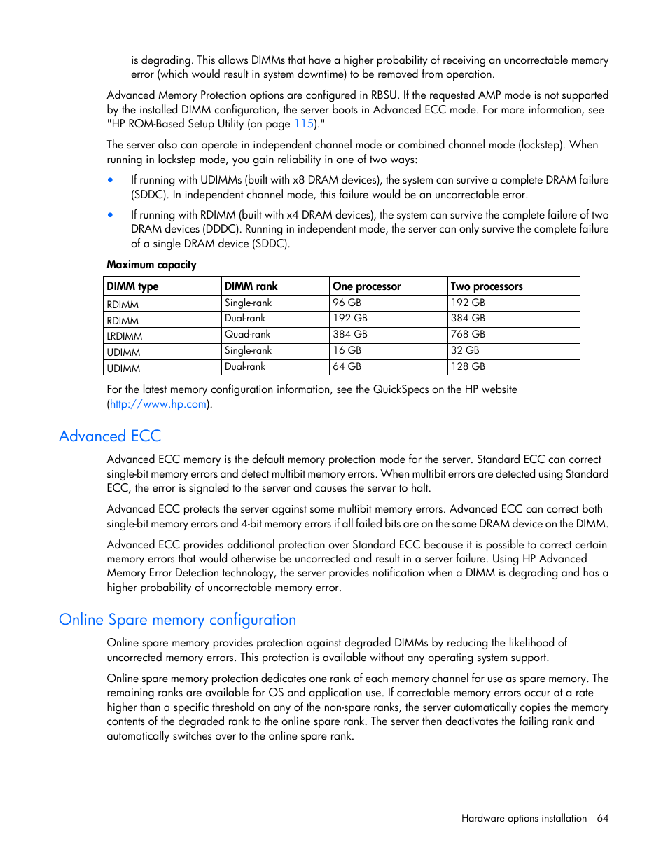 Advanced ecc, Online spare memory configuration | HP ProLiant ML350p Gen8 Server User Manual | Page 64 / 145