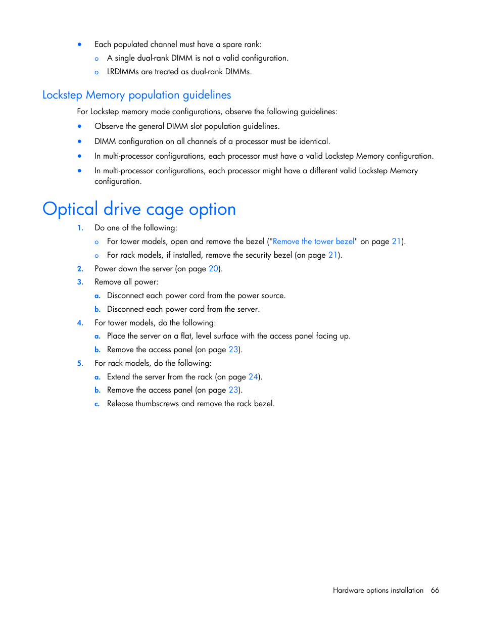 Lockstep memory population guidelines, Optical drive cage option | HP ProLiant ML350p Gen8 Server User Manual | Page 66 / 145