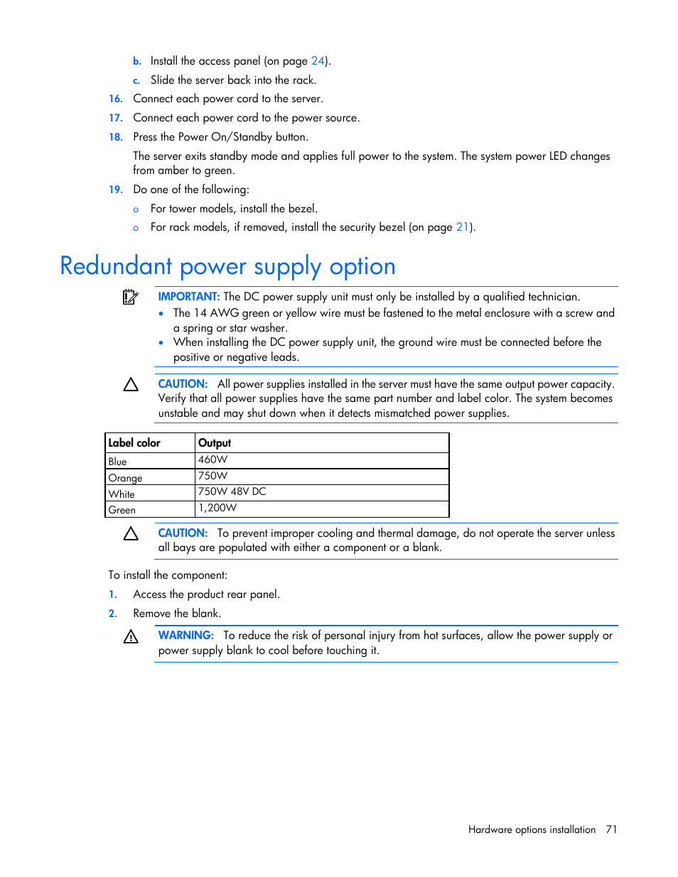 Redundant power supply option | HP ProLiant ML350p Gen8 Server User Manual | Page 71 / 145
