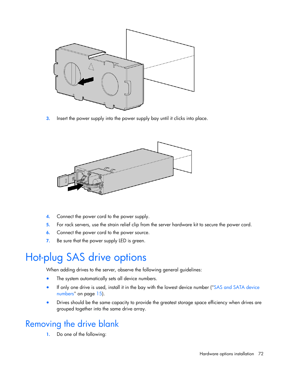 Hot-plug sas drive options, Removing the drive blank | HP ProLiant ML350p Gen8 Server User Manual | Page 72 / 145