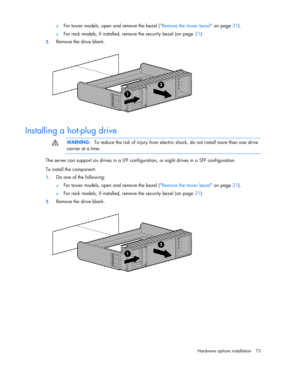 Installing a hot-plug drive | HP ProLiant ML350p Gen8 Server User Manual | Page 73 / 145