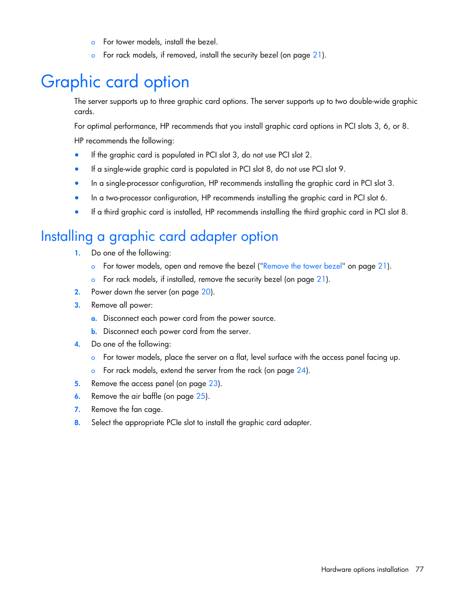 Graphic card option, Installing a graphic card adapter option | HP ProLiant ML350p Gen8 Server User Manual | Page 77 / 145