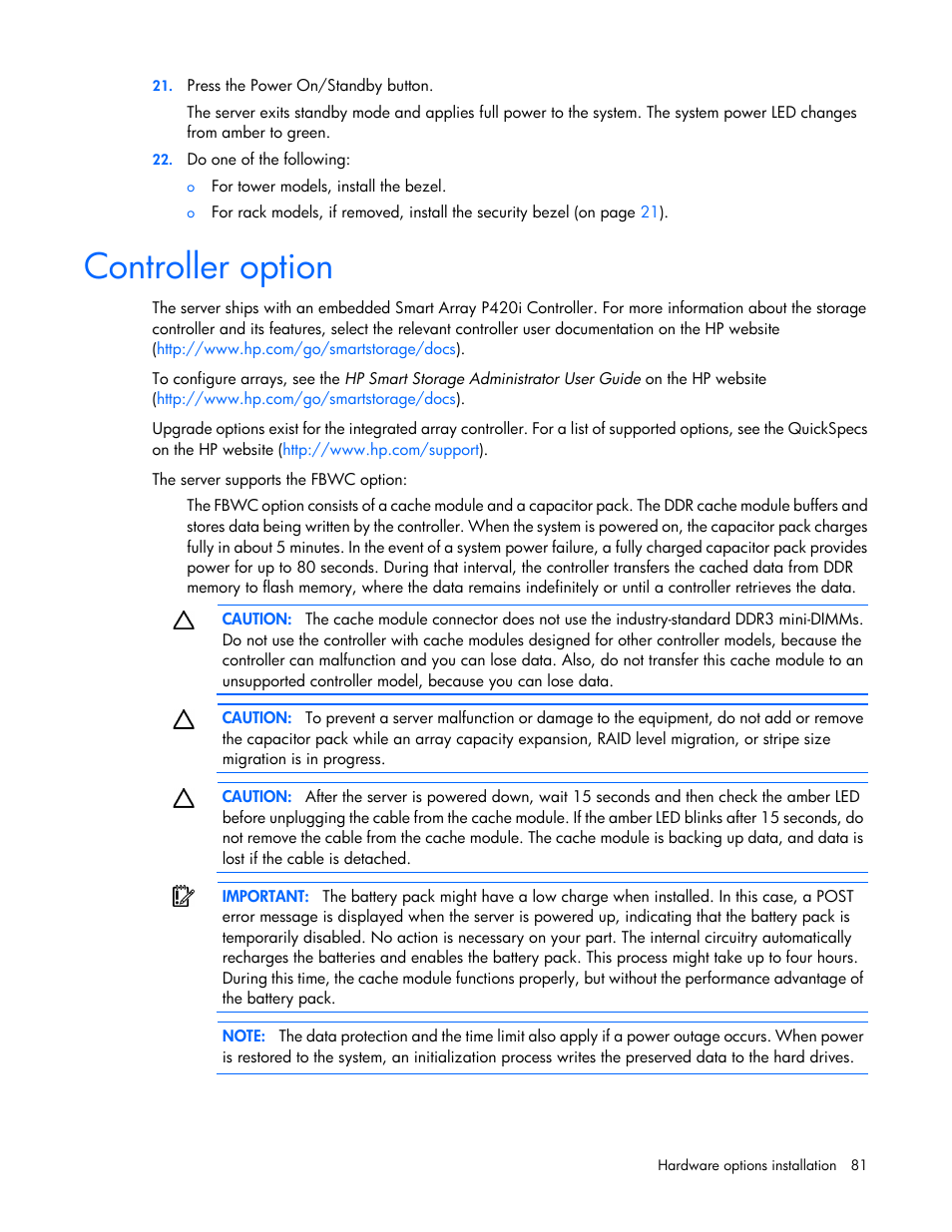 Controller option | HP ProLiant ML350p Gen8 Server User Manual | Page 81 / 145