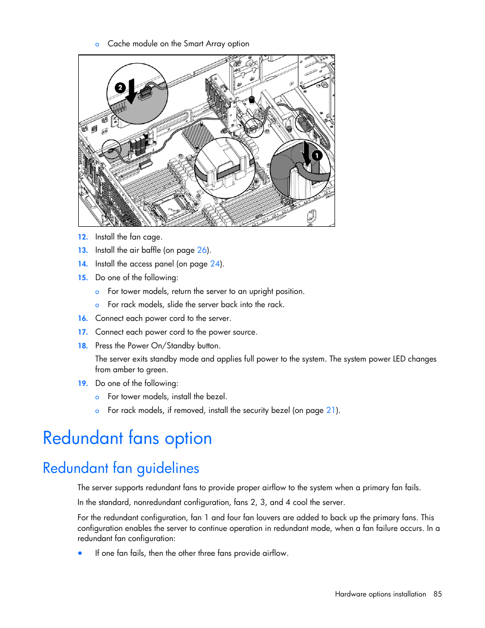 Redundant fans option, Redundant fan guidelines | HP ProLiant ML350p Gen8 Server User Manual | Page 85 / 145