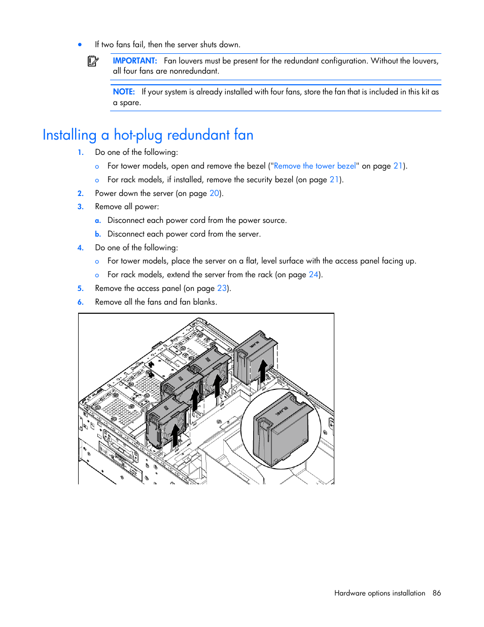 Installing a hot-plug redundant fan | HP ProLiant ML350p Gen8 Server User Manual | Page 86 / 145