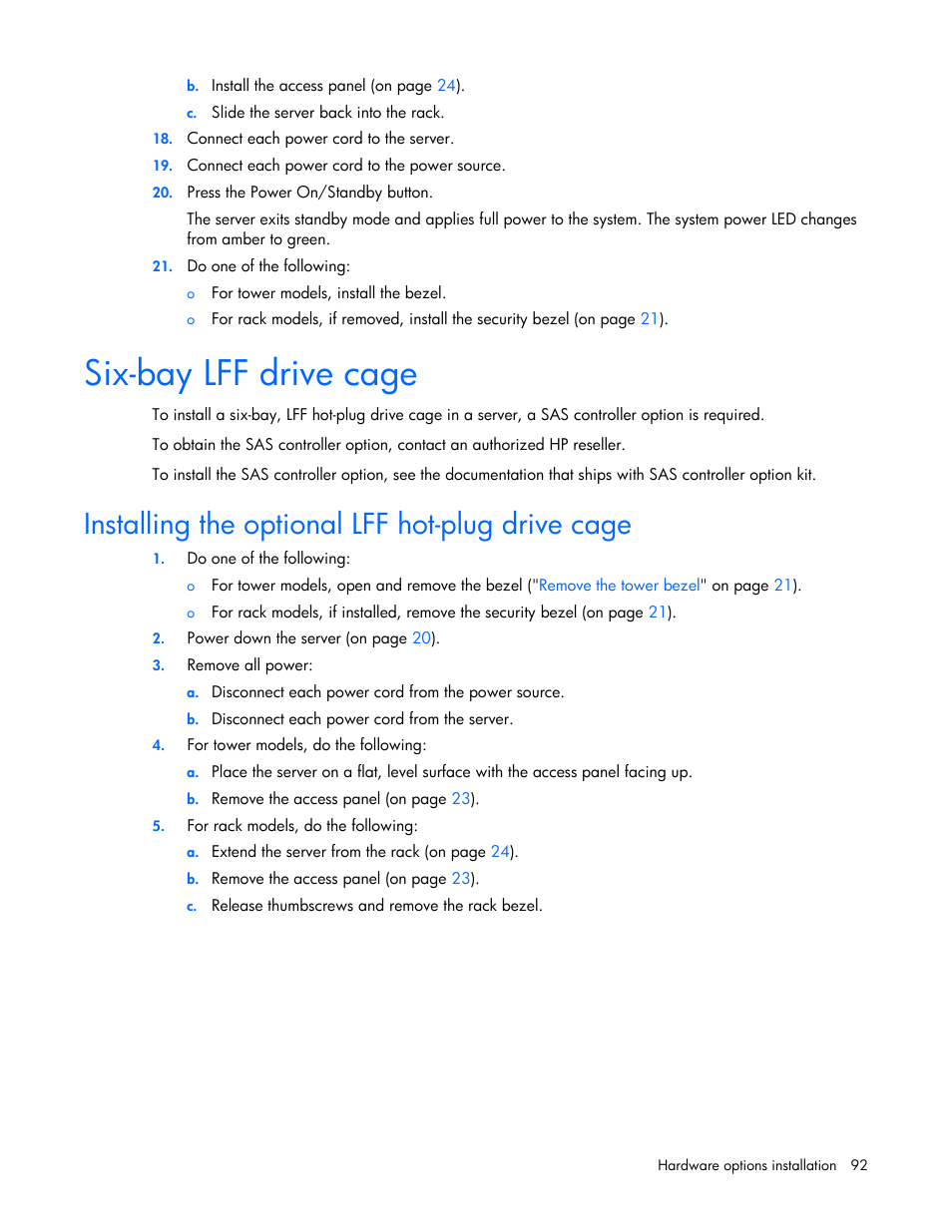 Six-bay lff drive cage, Installing the optional lff hot-plug drive cage | HP ProLiant ML350p Gen8 Server User Manual | Page 92 / 145