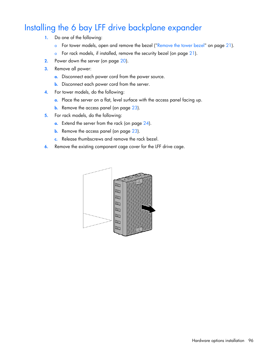 Installing the 6 bay lff drive backplane expander | HP ProLiant ML350p Gen8 Server User Manual | Page 96 / 145